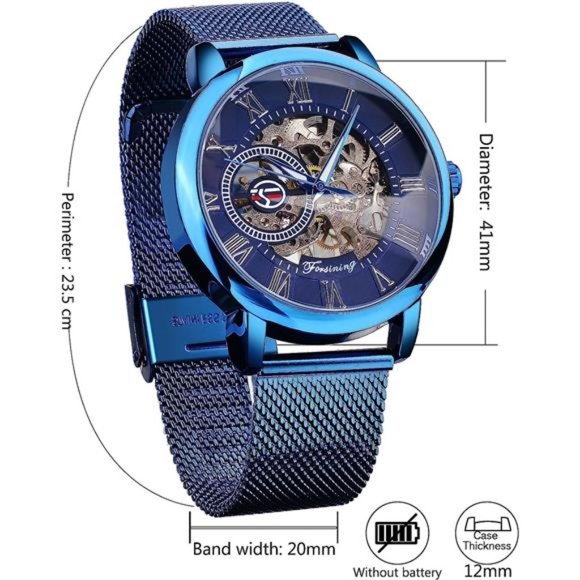 Men's Skeleton Watch Steampunk Watch Mechanical Watch for Men Minimalist, Blue - Picture 7 of 7